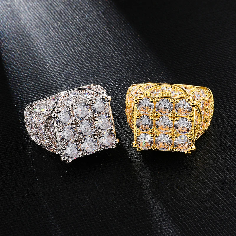 Хип хоп полный кубический подвеска с цирконом Iced Out Bling популярный Tready квадратный медь циркон кольцо для мужчин ювелирные изделия золото серебро Размер 8-11