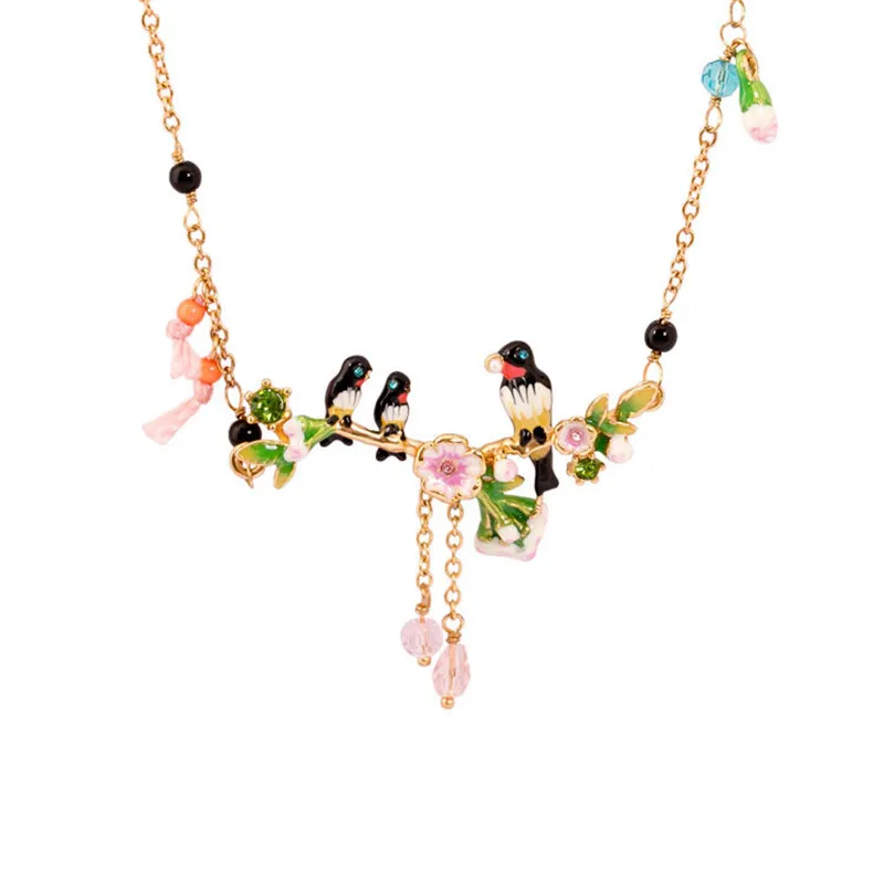 

Swallow Series Hand-painted Enamel Gold-plated Three Swallows Pink Flower Necklace European and American Style Tassel Necklace