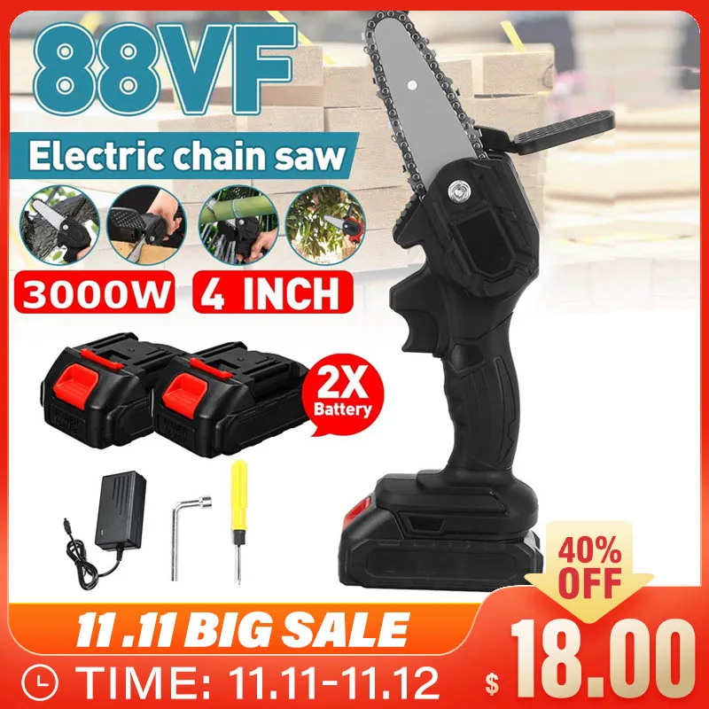 

NEW 3000W 4 Inch 88VF Electric Chain Saw With 2 Battery Rechargeable Woodworking Pruning Mini One-handed Garden Logging Tool
