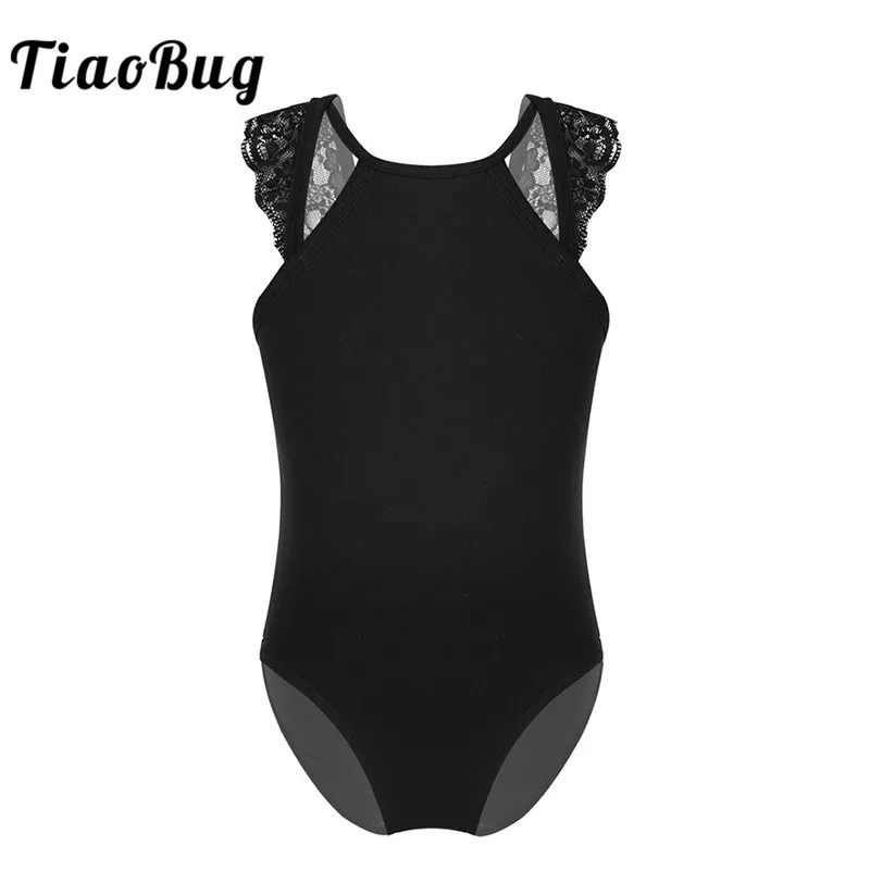 

TiaoBug Kids Teens Sleeveless Lace Splice Cutout Back Solid Color Ballet Dance Costume Gymnastics Leotard Girls Child Dancewear