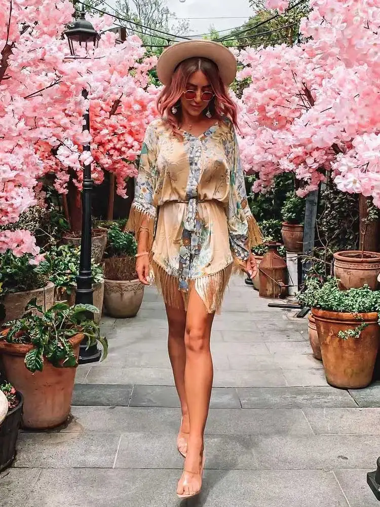 AYUALIN кимоно мини-платье для женщин с кисточками осеннее платье цветочным принтом