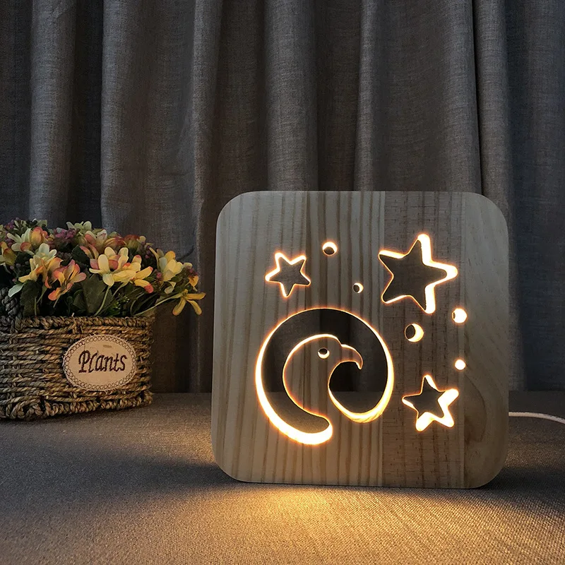 Solid Wood Carved Wooden Led Table Lamp Eagle Head Night Light Xinqite KT-C Led Lights Decoration