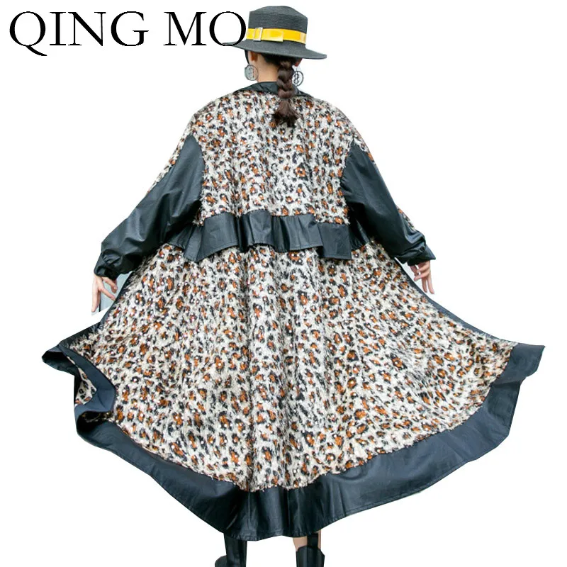 QING MO 2020 Женский Тренч с леопардовым принтом PU лоскутное пальто Feamle уличная одежда