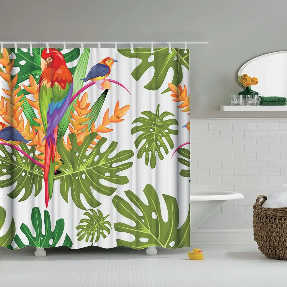Dafield Parrot Shower Curtain Jungle Colorful Birds On Tree Branches Theme Tropical Nature Plants With Hooks | Дом и сад