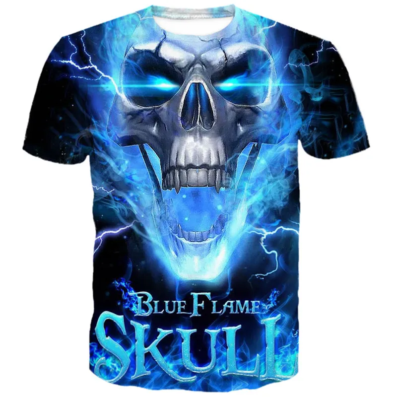Модная синяя молния череп с пламенем печать крутая футболка коротким рукавом