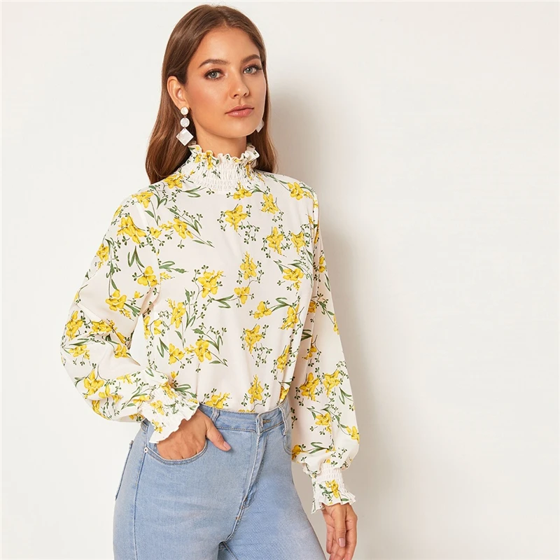 SHEIN/белая блузка с цветочным принтом и оборка, с вырезом на спине, топ, Женская весенне-осенняя Повседневная блуза с длинным рукавом с принтом «Бишоп», abaya