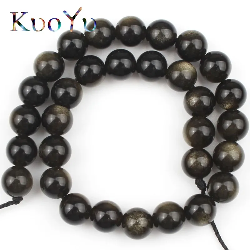 Натурального золото Обсидиан камень Круглый Свободные Spacer Бусины для