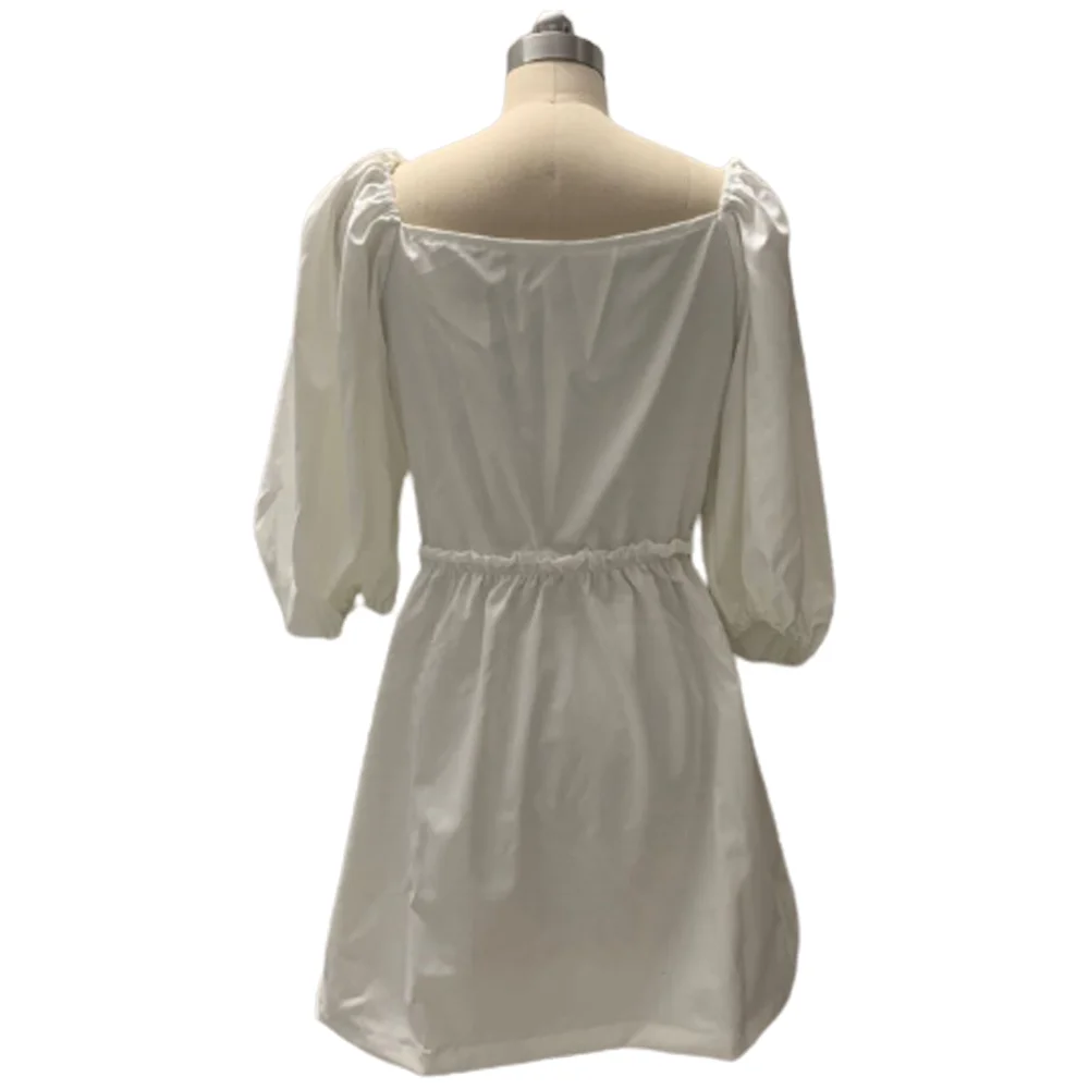 

Casual Puff Half Sleeve Dresses For Women 2021 Sexy Deep V Neck Backless Solid Summer Dress Lady Pleated Patchwork Mini Dresses