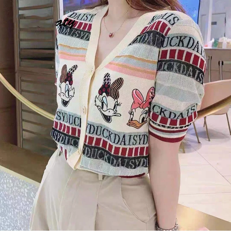 

Knitted Women Tops 2022 Disney Donald Duck Korean Fashion Summer Clothes Casual Short Sleeve Sweater Kawaii Loose Crop Top