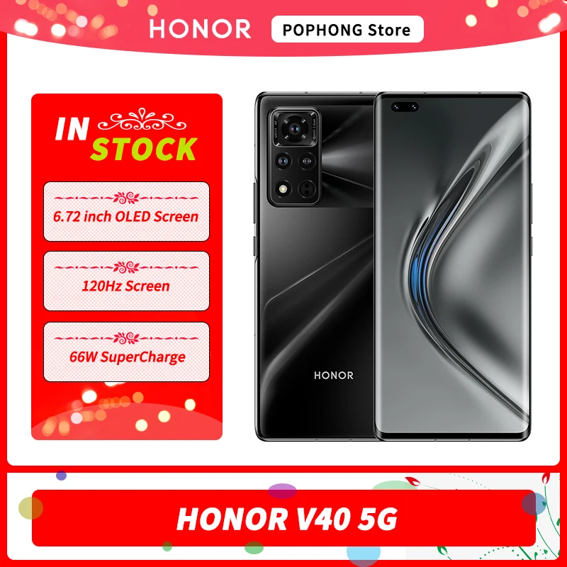 honor v40 5g mobile phone 6 72 inch oled 120hz screen dimensity 1000 octa core in screen 66w supercharge gpu turbo x nfc phone free global shipping