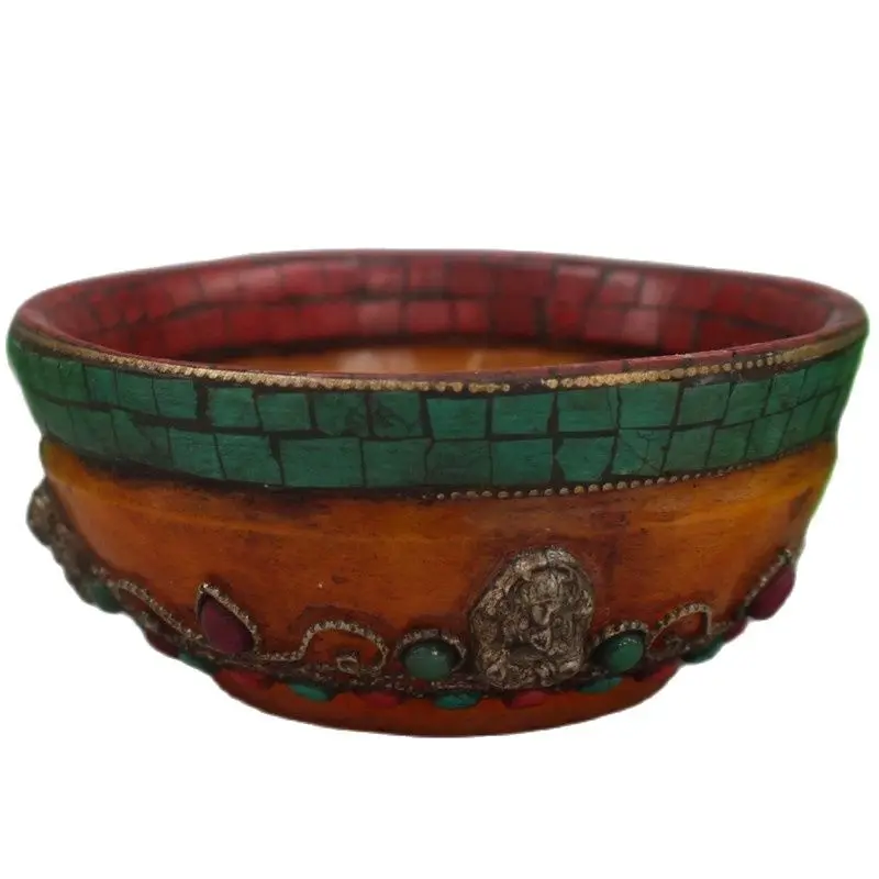 Antique amber inlaid with natural green turquoise coral Tibetan Buddhist bowl collection craft gift | Дом и сад