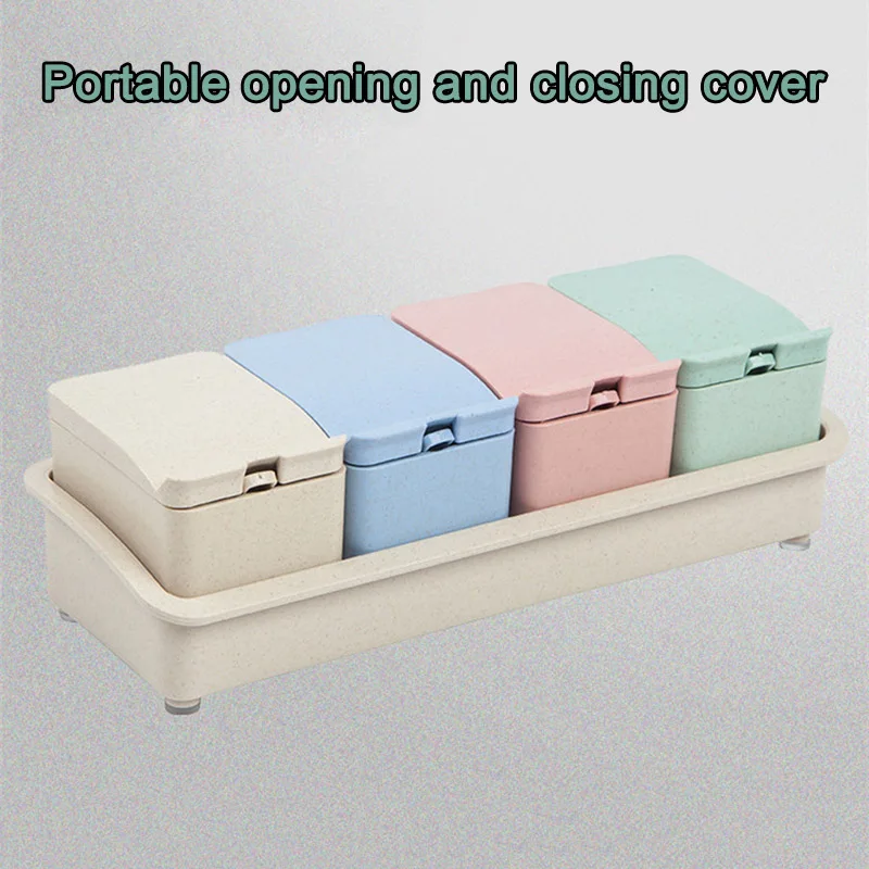 

Seasoning Storage Box Wheat Straw With Spoon 4-compartment Spice Box Storage Container Condiment Jars For Spice Sugar Salt-35