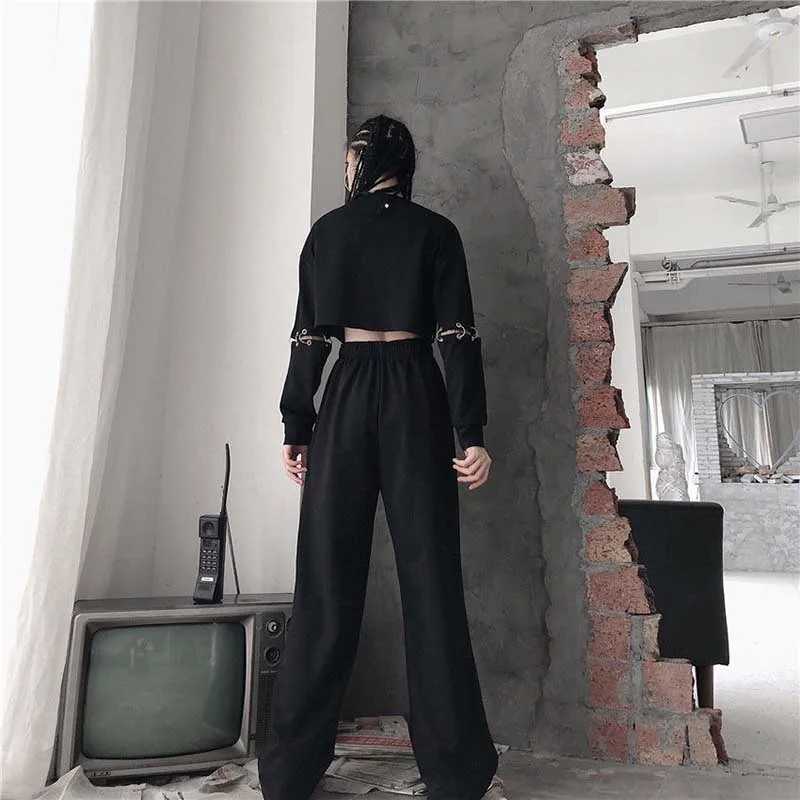Брюки женские в стиле хип-хоп уличная одежда Корейском панк прямые широкие штаны