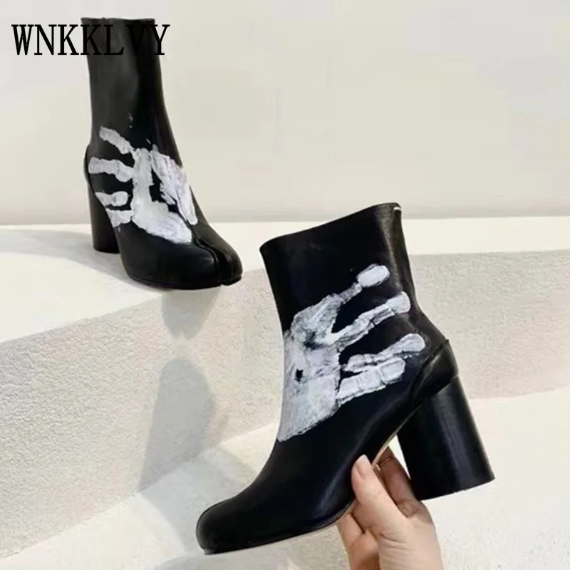 

Женские короткие ботинки из натуральной кожи, черные ковбойские ботильоны на толстом каблуке, с разрезом, обувь для отдыха, 2021