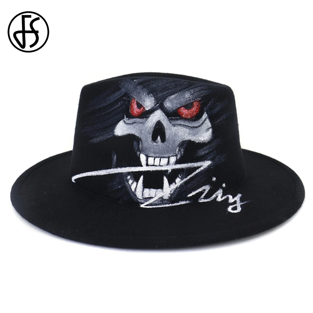 

FS Black Animal Print Wide Brim Wedding Church Derby Pillbox Hat Panama Felt Fedoras Hats For Men Women British Style Jazz Cap