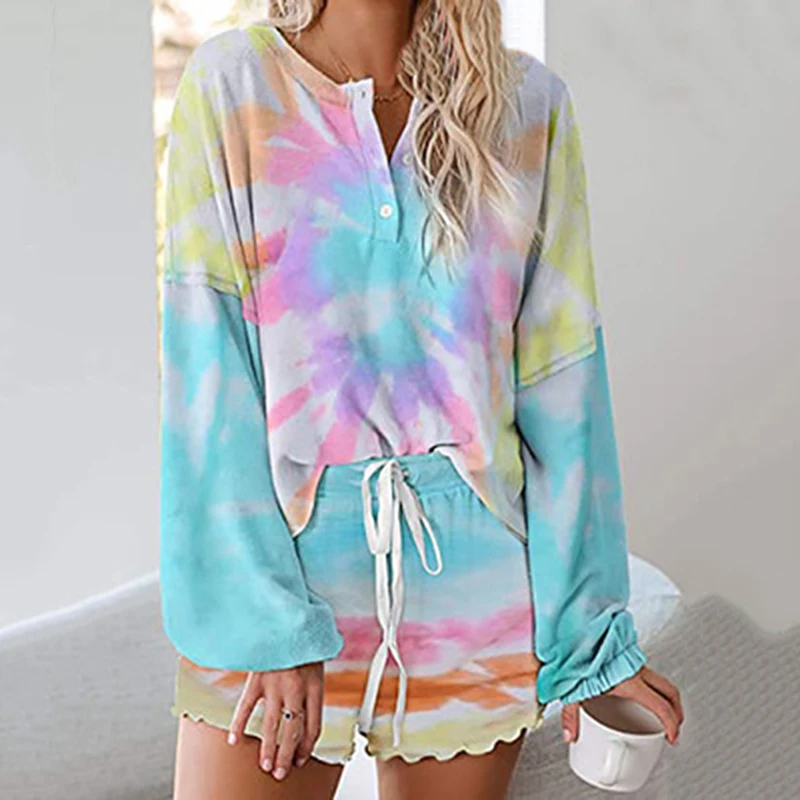 

Ladies Set Summer Tie Dye Short Sleeve Top Shirt Loose Shorts Casual Two Piece Set Streetwear Outfits Tracksuits Drop Ship