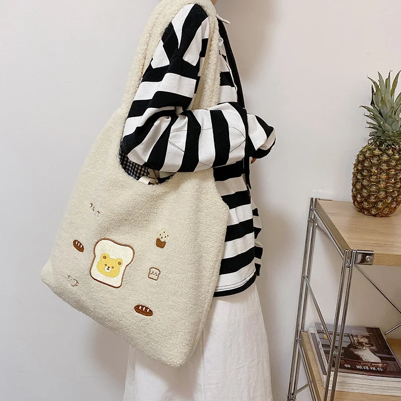 

New Soft Flowers Tote Plush Material Messenger Bag Female Student Large Capacity Shoulder Bags Simple Shopping Handbag