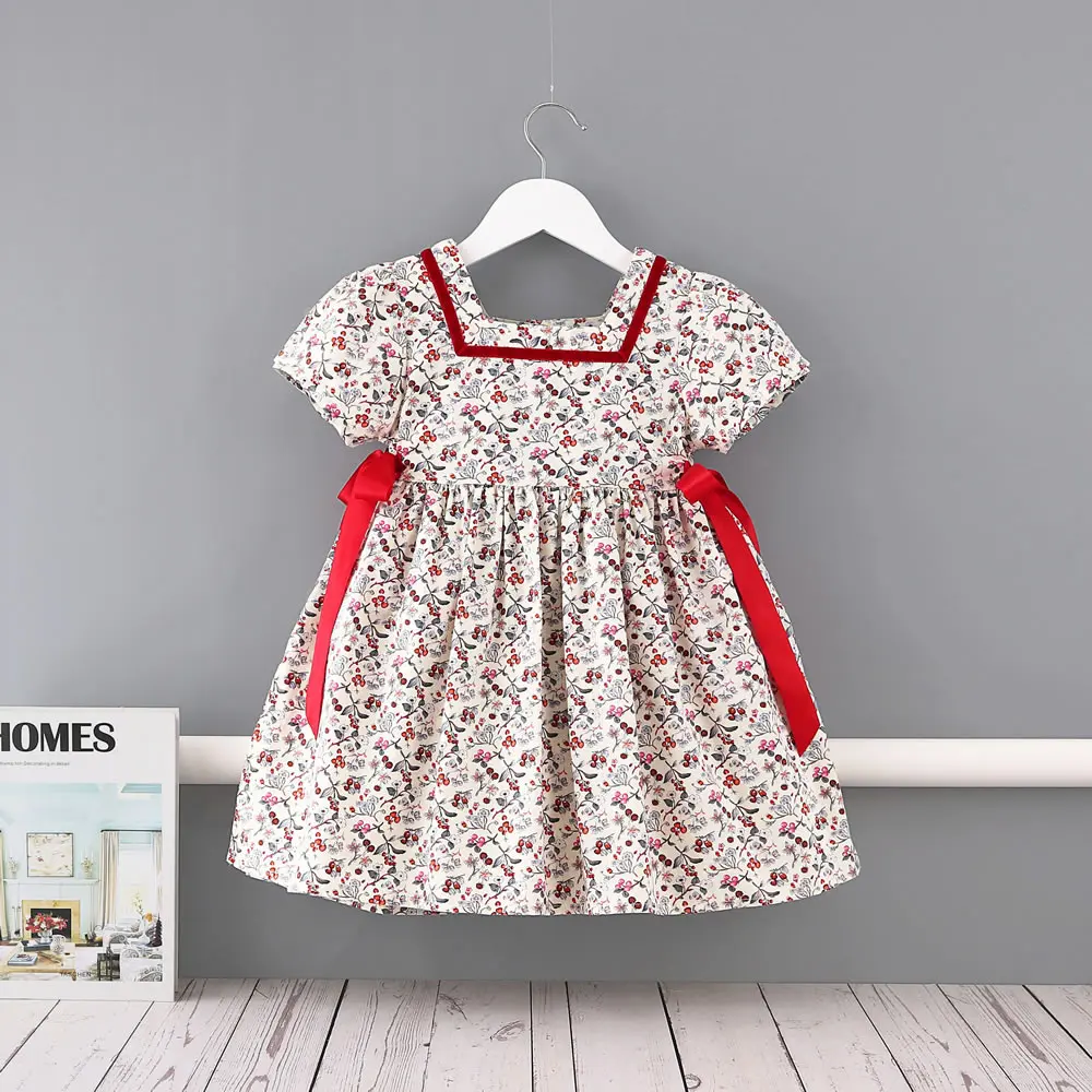 

Midoo Girls Dresses Children's Clothing Print Ribbons Cute Short Sleeve Square Collar Casual Summer Kids Cotton Dress Clothes