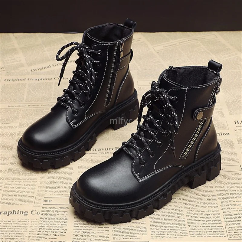 

British style Martin boots women's autumn winter 2021 new lace-up side zipper round toe thick bottom ladies casual short boots