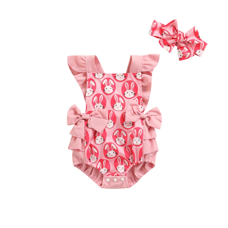 

Newborn Girl Romper Outfits, Fly Sleeve Cartoon Rabbit Printed Ruffles Decor Bow-Knot Decor Playsuit + Cute Headband Set