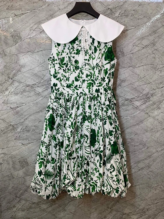 

2021 new women fashion color matching large lapel stitching decoration sleeveless printed dress 507