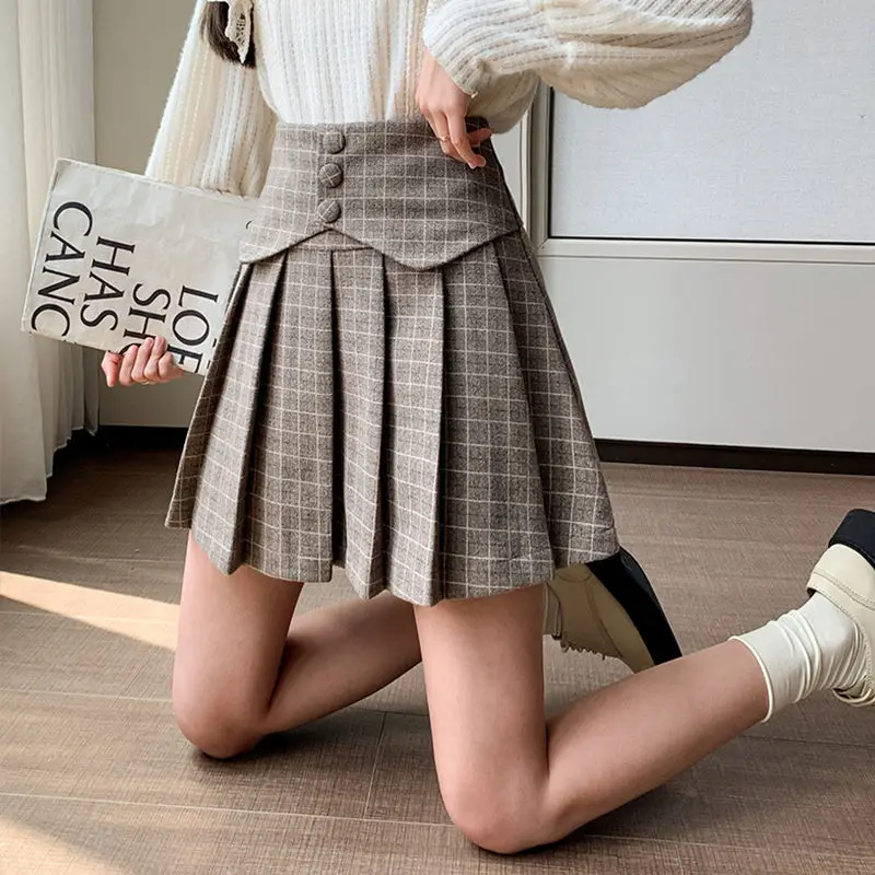 

Harajuku Tartan Women Skirt Sexy Plaid Pleated Skirts Fashion Mini Woolen Plaid Button Faldas High Waist Jupe Female J5