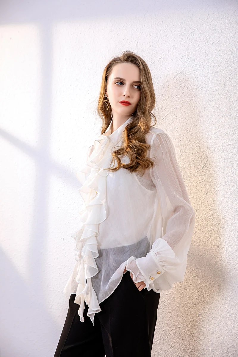 Женская модельная рубашка из 100% чистого шелка элегантная с круглым вырезом