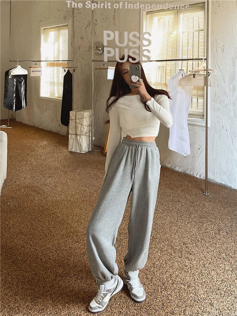 YUANYUANJYCO Autumn Spring Women Baggy Sport Harem Pants Korean Fashion Elastic High Waist Loose White Grey Black Trousers Woman track pants