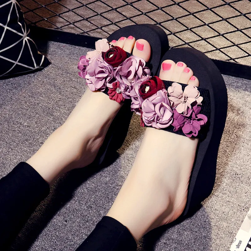 XMISTUO Women Sandals with Flower Female Summer Beach Wedges Slides Water-Resistant 7CM High-Heeled Slippers 2 Color 7180W
