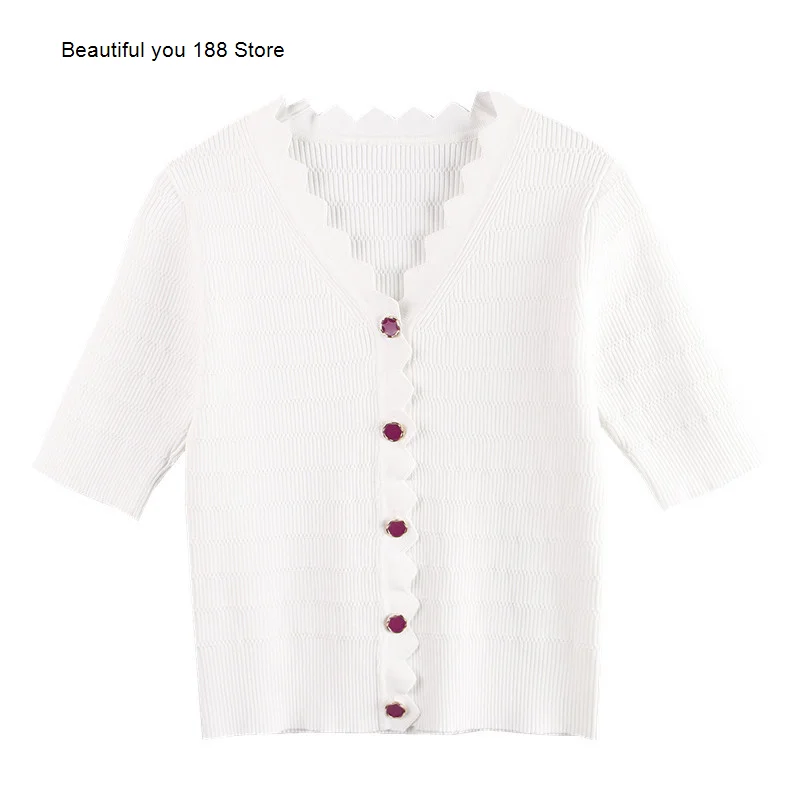 

Женский трикотажный кардиган с V-образным вырезом, короткий эластичный кардиган из вискозы с короткими рукавами, весна-лето 2020