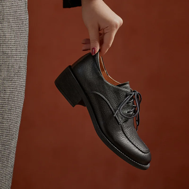 

leather shoes women's thick heel lace up deep mouth single shoes British style round head 2021 spring and