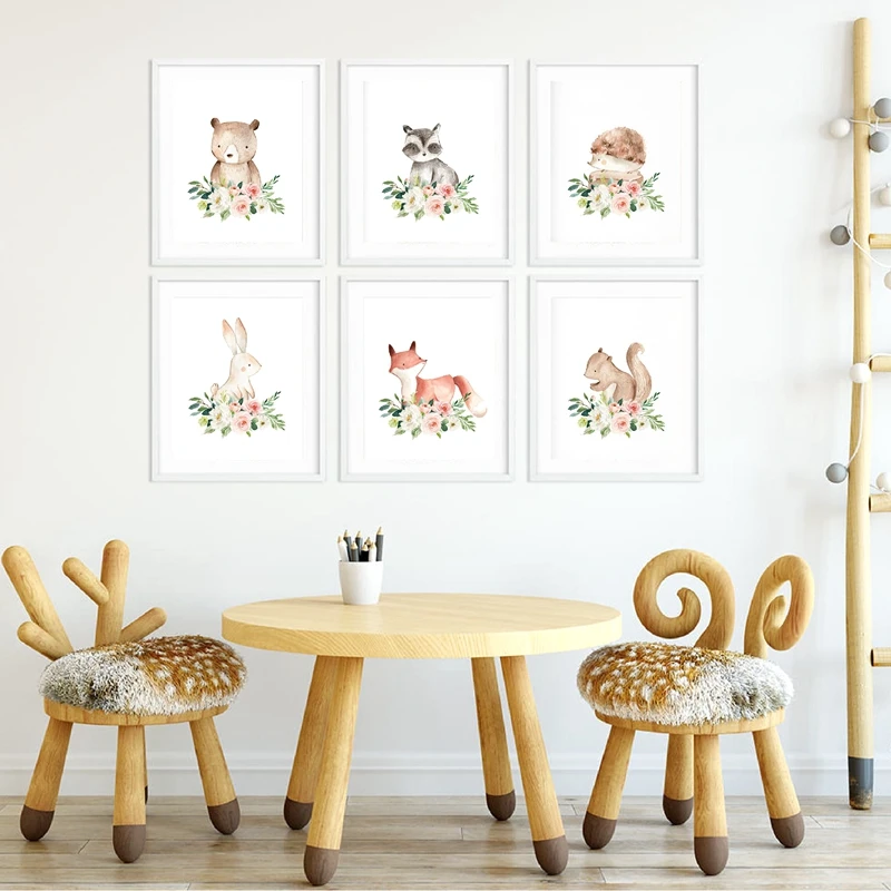 

Woodland Animal Watercolor Blush Pink Flower Canvas Painting Posters and Prints Wall Painting for Nursery Baby Kid Bedroom Decor