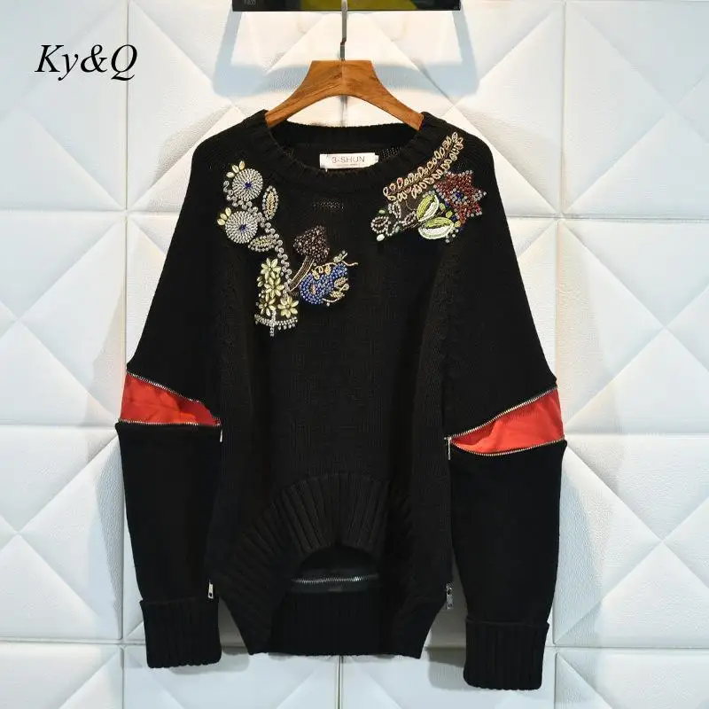 2019 Winter Christmas Oversized Sweater Women Runway High Quality Embroidered Beaded Pullvers Loose Bat Sleeve Luxury Brand | Женская