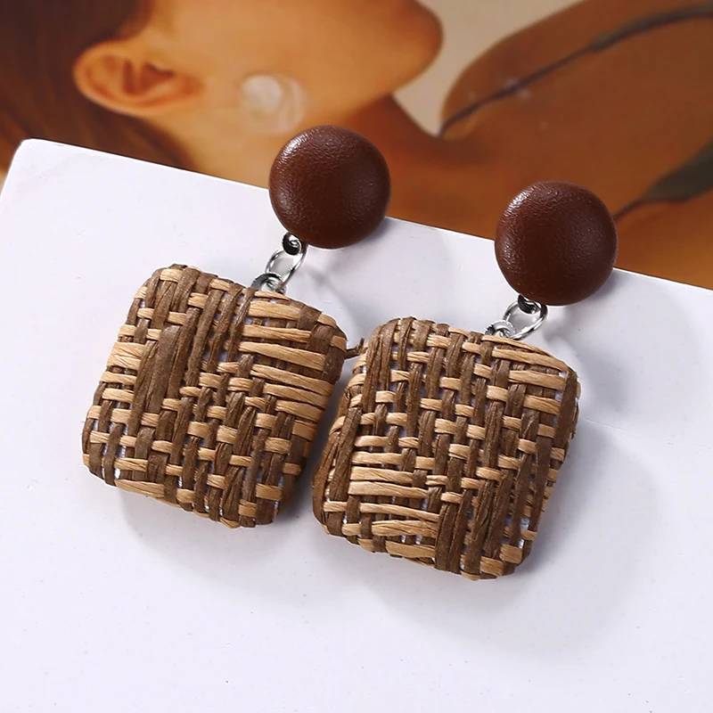 Женские плетеные деревянные серьги ручной работы длинные висячие из ротанга с