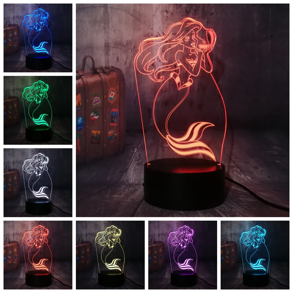 Детский ночник Русалочки 7 цветов меняющий цвет светодиодный 3D светильник