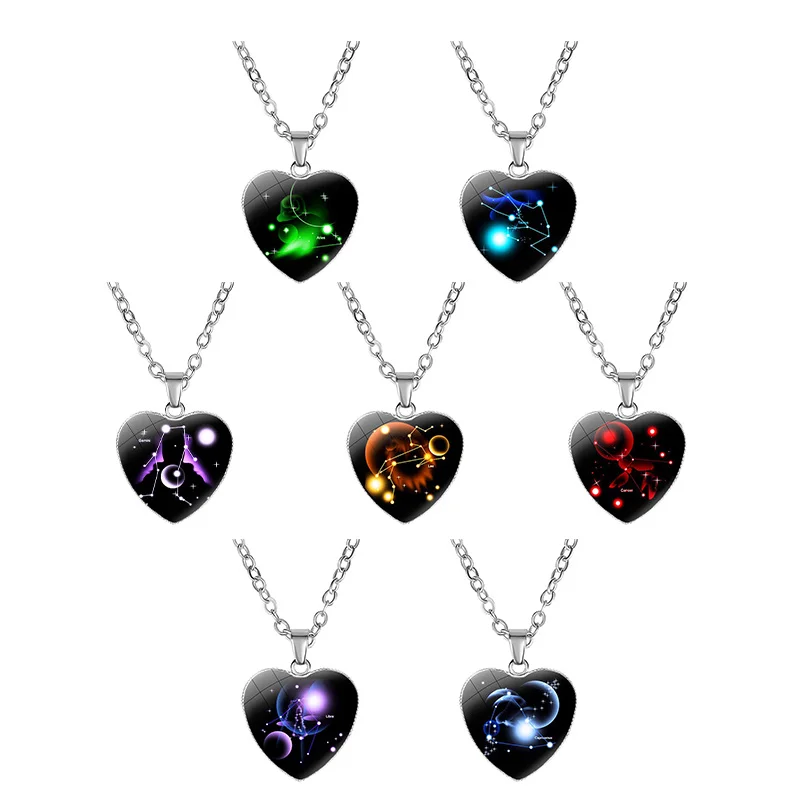 

Ожерелье женское в форме сердца с 12 знаками Зодиака, простой кулон из цепочек со стеклянным созвездием, бижутерия на день рождения
