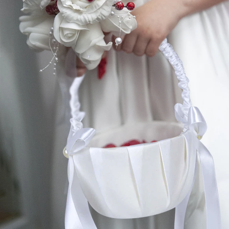 

1pcs Pure White Wedding Flower Basket Wedding Party Decoration Bridal Flower Basket Bridesmaid Children Portable Flower Basket