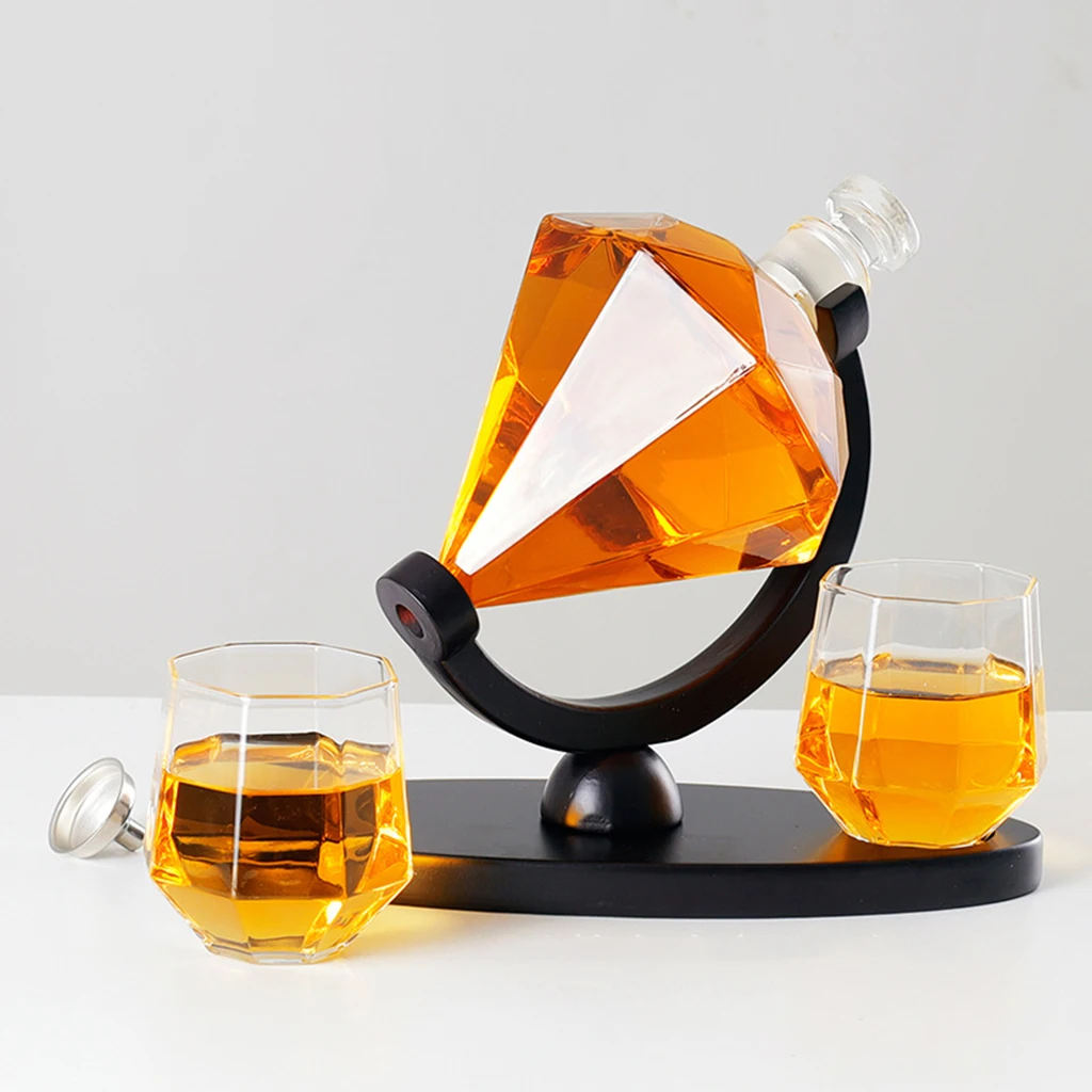 

Whiskey Decanter Wine Glass Set Diamond Crystal Whisky Carafe with Fine Wood Stand Liquor Decanter