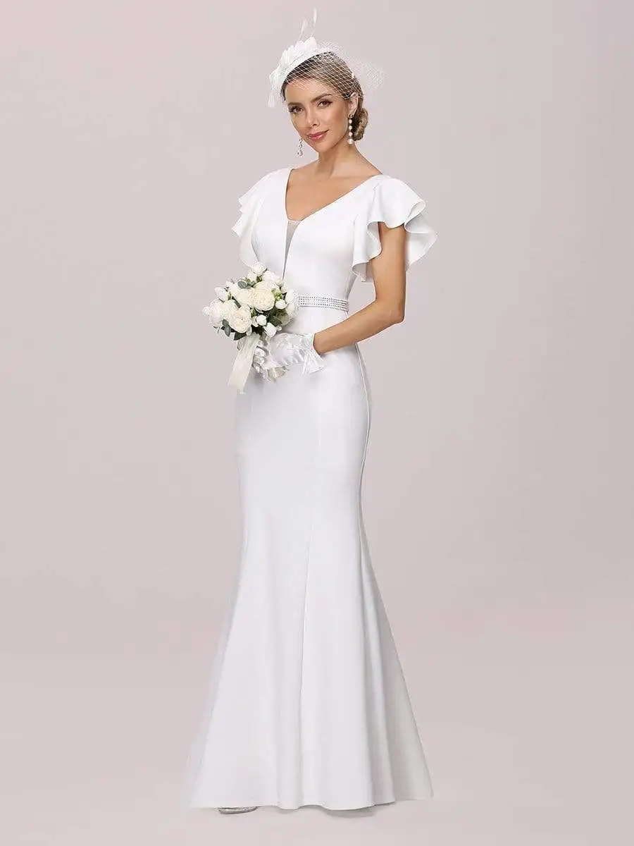 

BAZIIINGAAA Simple White Wedding Dress Chiffon Lace Dresses Boho A-Line V-Neck Long Sleeve Robe Brides Gown