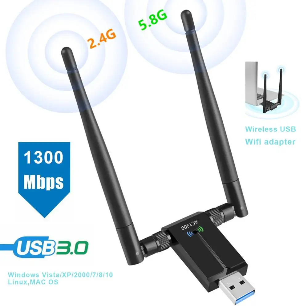 

New Wireless USB WiFi Adapter Wireless Network Card With Dual 5dBi Antennas 1300Mbps 2.4G/5.8G WiFi USB Computer Network Adapter