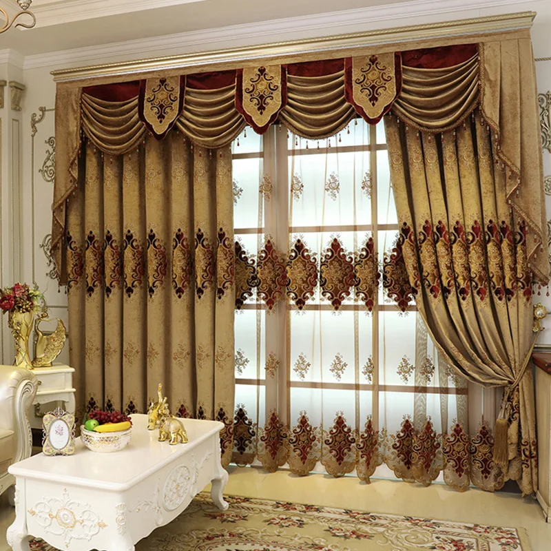 

Coffee Thick Chenille Blackout Curtains For Living Room Bedroom Embroidered Tulle Curtain Custom European Style Home Decor 117#4