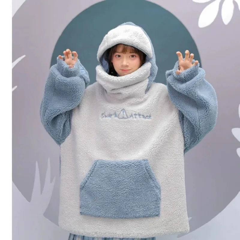 

Women Sweatshirt Harajuku Shark Anime Hoodie Kawaii Crewneck Long Sleeve Oversized Streetwear Fall Winter Clothes Top Aesthetic