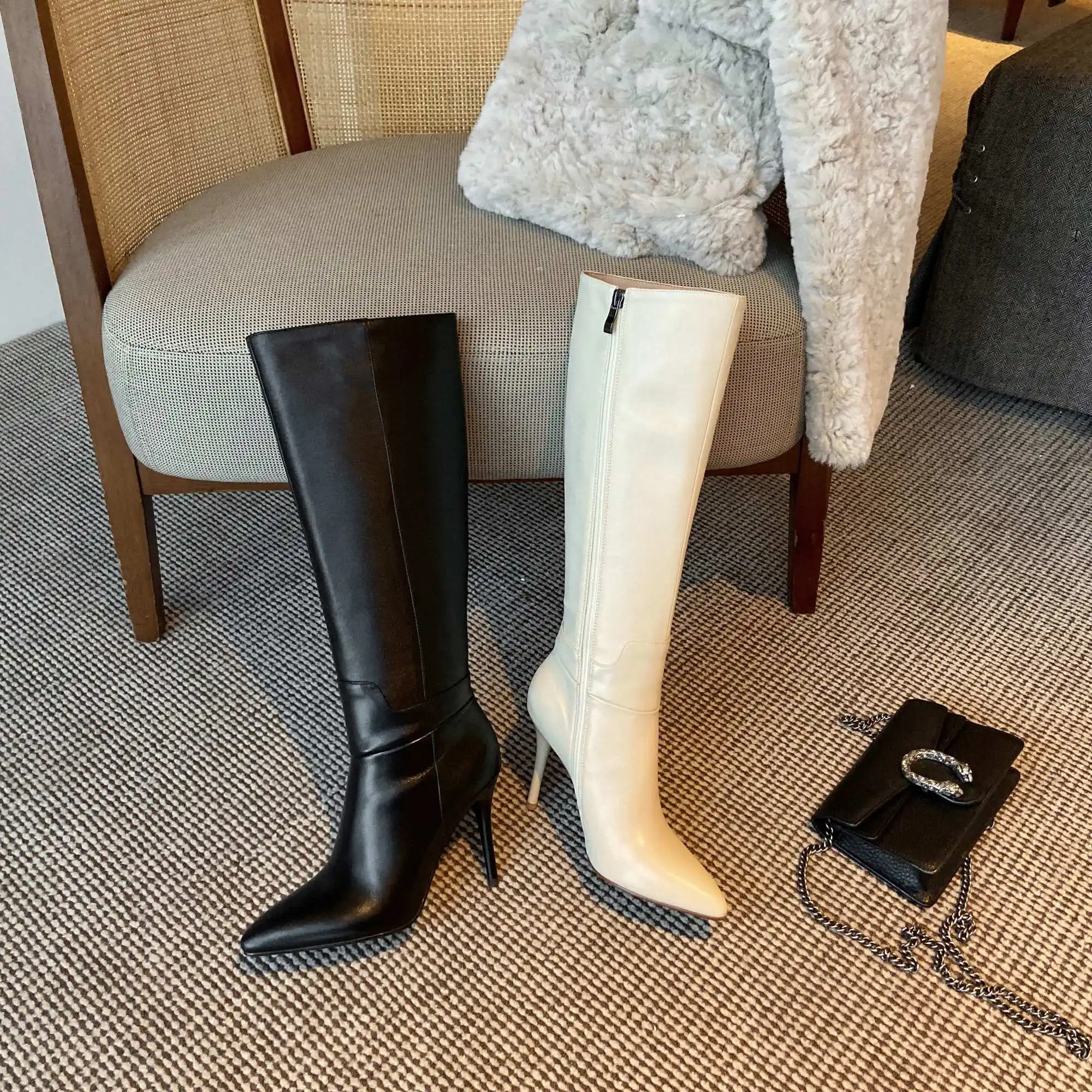 

Krazing Pot big size high street fashion natural leather nightclub winter pointed toe super high heel zipper knee-high boots L29