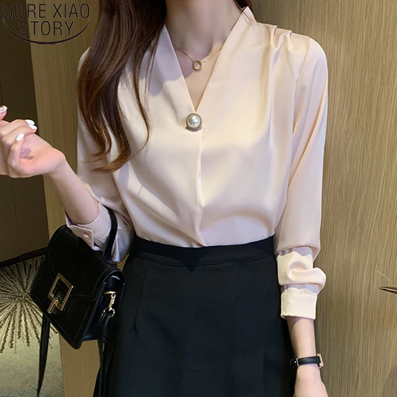 

2021 Casual Plus Size V-neck Shirts Puff Sleeve Satin Women Blouse Elegant Solid Fashion Clothes Tops Blusas Mujer De Moda 13932