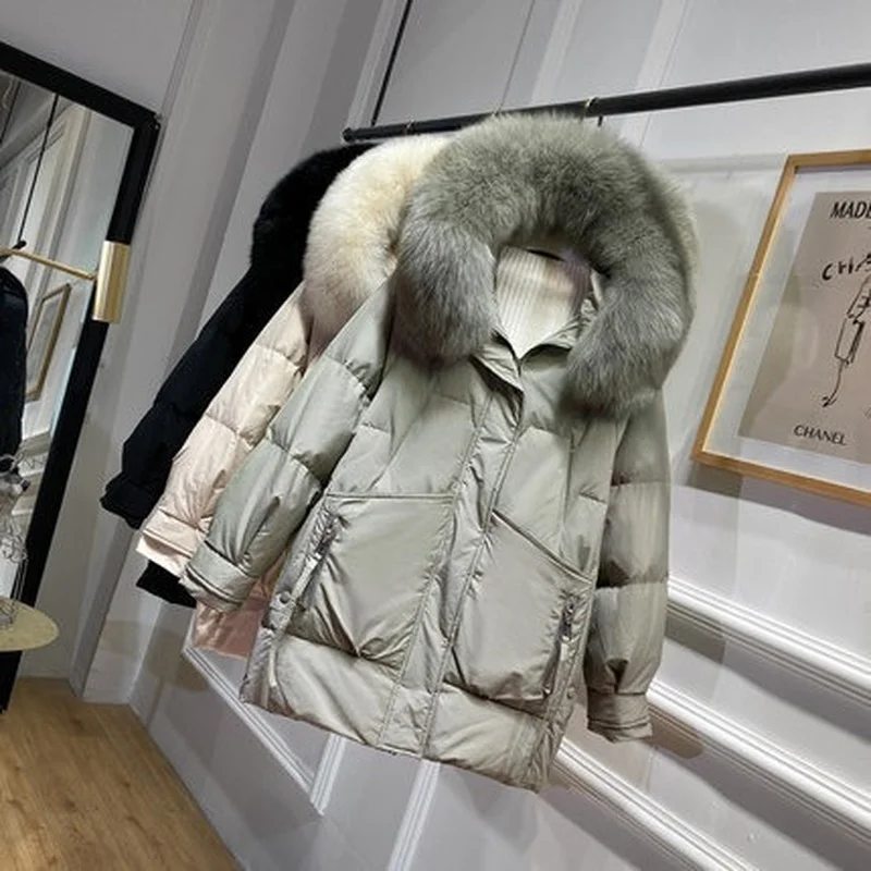 2021 New Style Down Padded Mid-length Winter Korean Big Fur Collar Small Jacket Women's Pajamas Coats