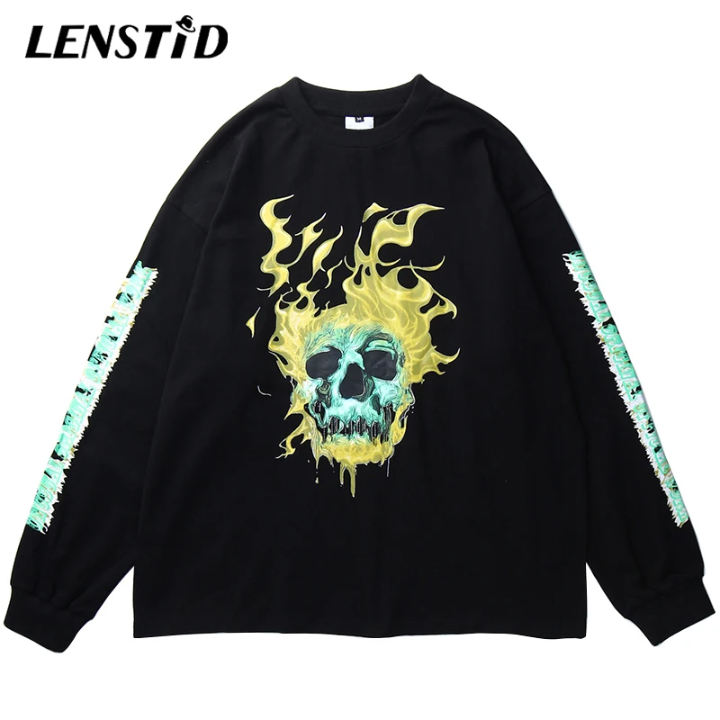 LENSTID 2020 Весенняя Мужская футболка в стиле хип хоп с принтом огненного черепа