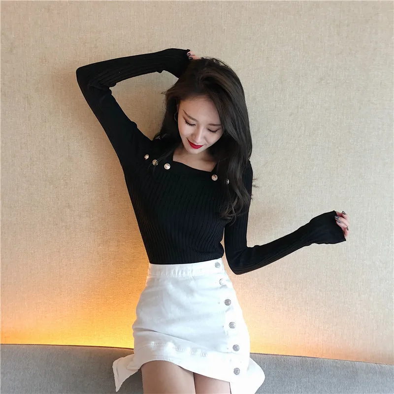 Пуловеры с пуговицами вязанные свитера для женщин квадратным воротником тонкий