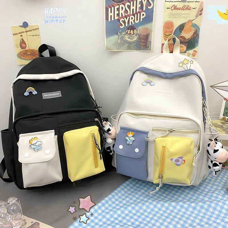 Canvas Schoolbags For Teenage Girls Children Shoulder Bags Trend Female Backpack Fashion for Women with Rainbow Green Pink