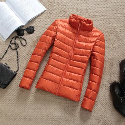 Orange Размера плюс Для Женщин Легкая зимняя куртка-пуховик пальто 90% Белое пуховое пальто леди Зимнее пальто с капюшоном с длинным рукавом, тонкий теплый короткое пальто на молнии - Цвет: Orange