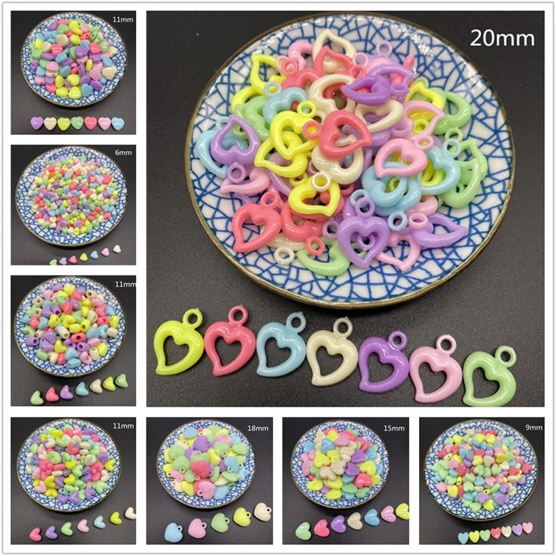 Акриловые бусины в форме сердца "Макарун" 6/8/9/10/12/15/20 мм, 50 штук, для создания украшений: подвесок, сережек, ожерелий.